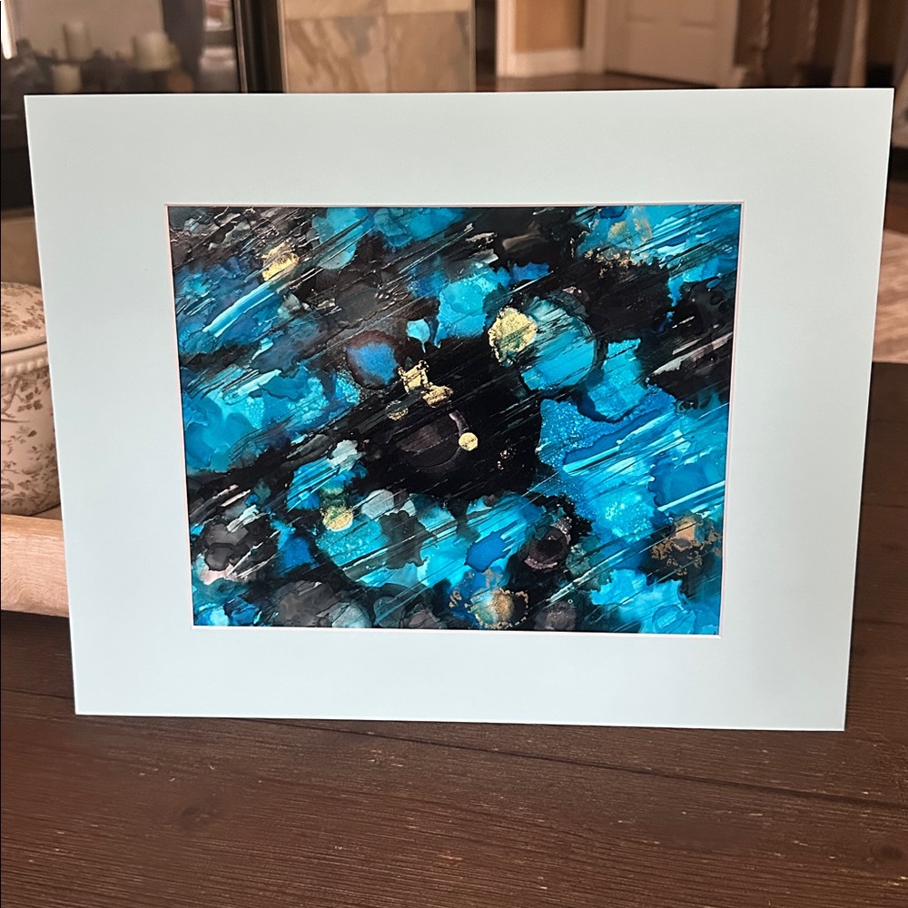 Hand crafted original abstract blue gold wall decor alcohol ink painting